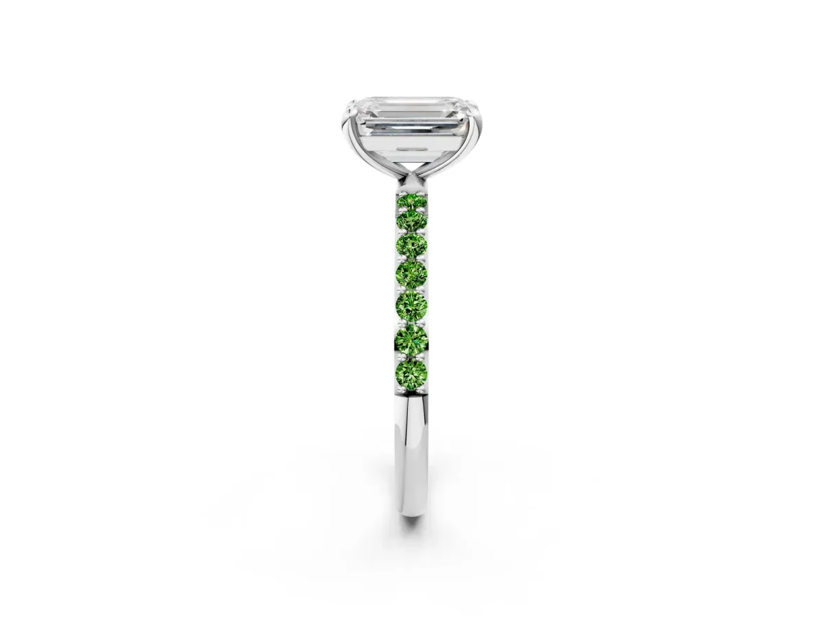 Emerald Cut Diamond Solitaire Ring with Round Peridot Pavé Band and Prong Setting Silver