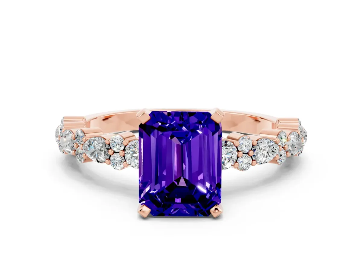 Emerald Cut Tanzanite Side Stone Solitaire Ring with Round and Four-Prong Setting Rose gold