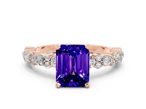 Emerald Cut Tanzanite Side Stone Solitaire Ring with Round and Four-Prong Setting Rose gold
