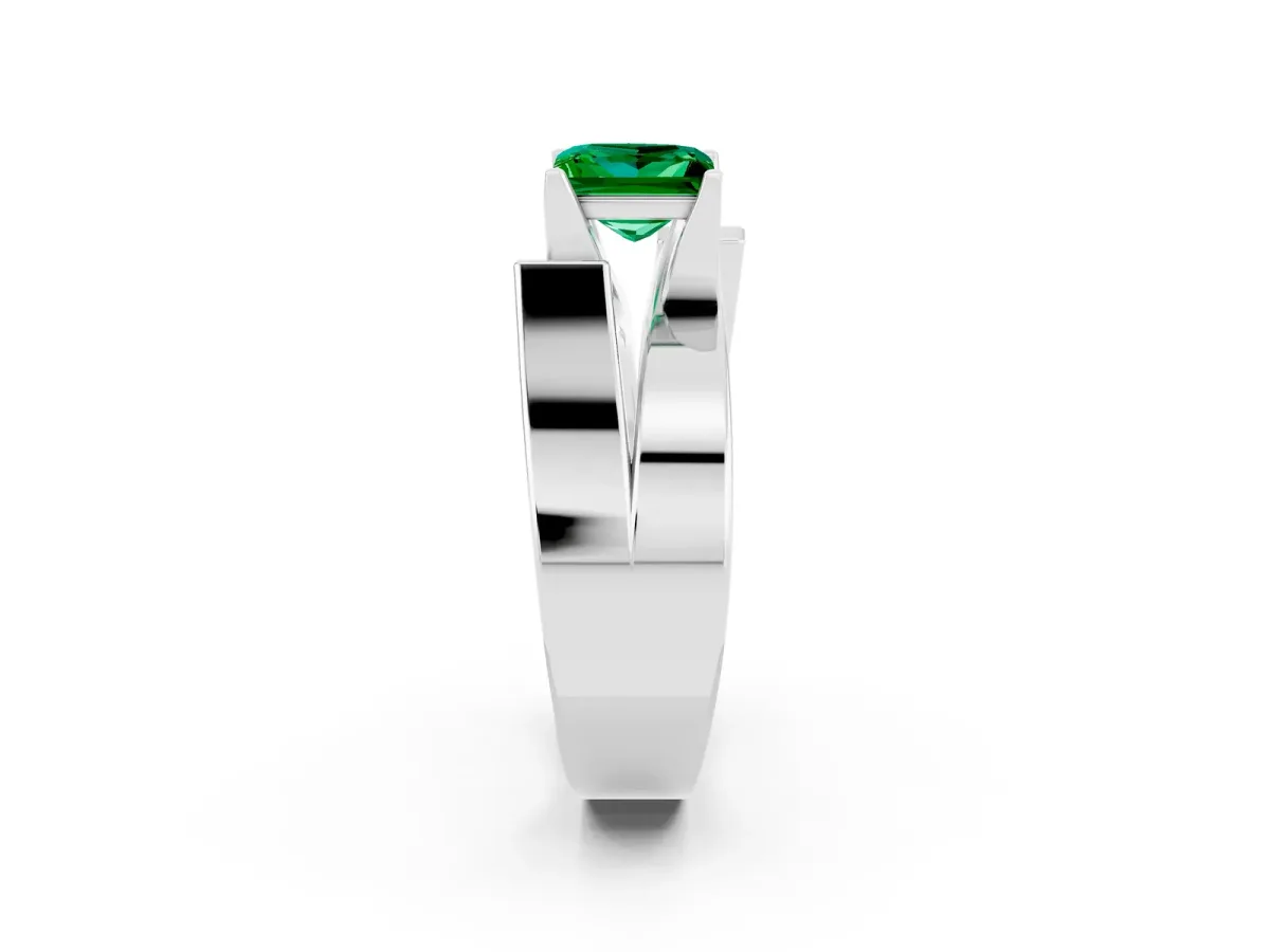 Modern Tension Set Princess Cut Emerald Solitaire Wide Band Ring Platinum