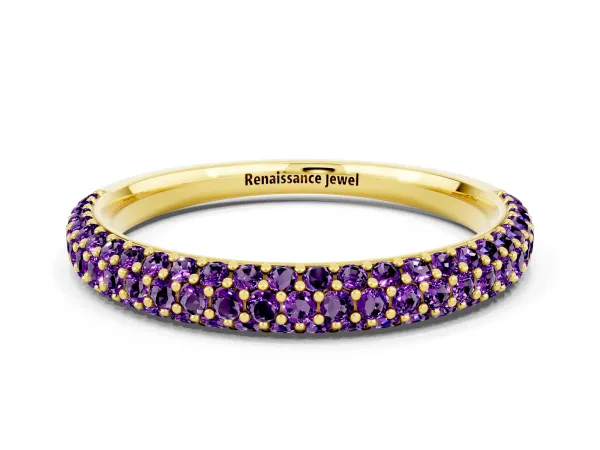 Round Amethyst Pavé Eternity Band with Shared Prong Setting Yellow gold