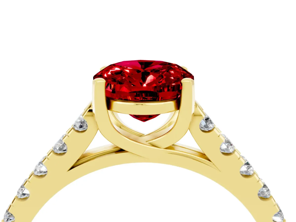 Oval Cut Ruby Pavé Band Solitaire Ring with Prong Setting Yellow gold