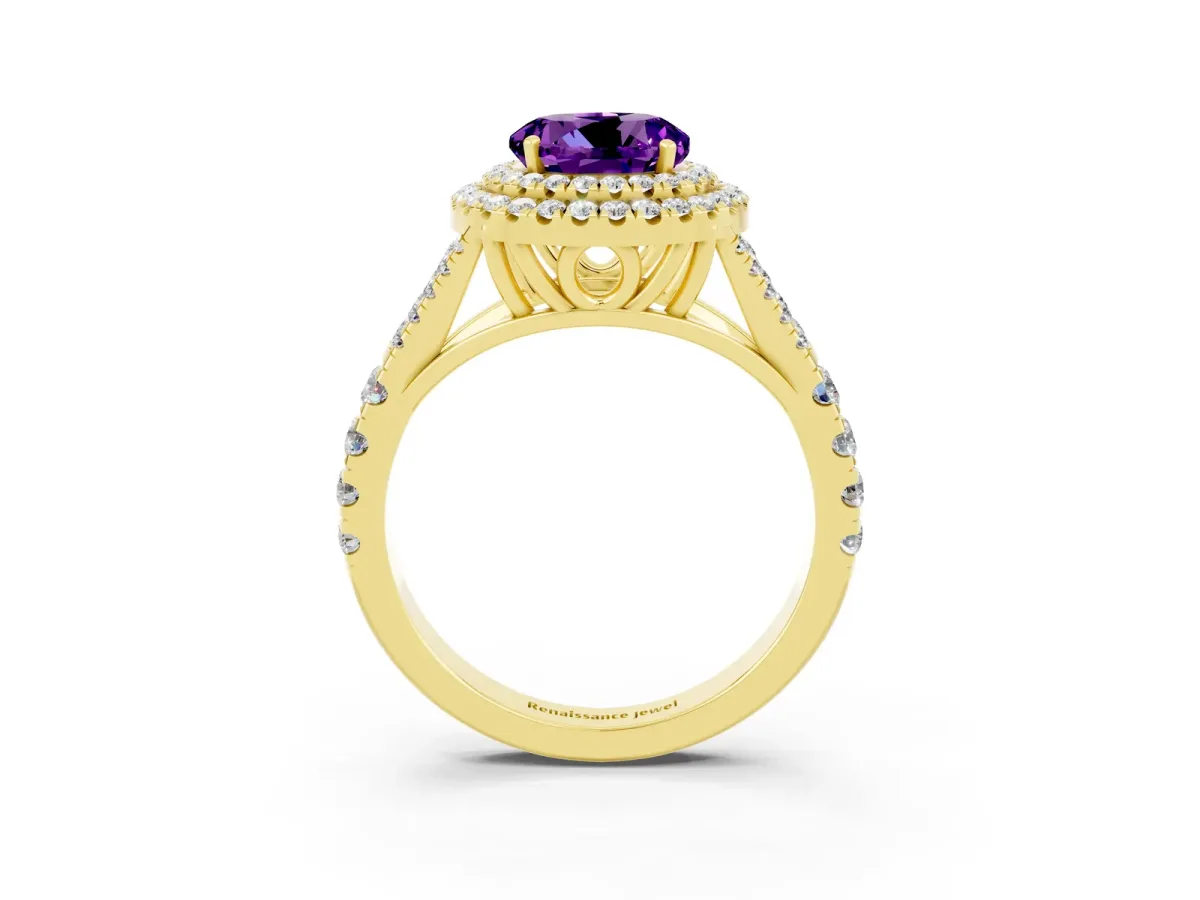 Round Cut Amethyst Double Halo Ring with Split Shank and Prong Setting Yellow gold