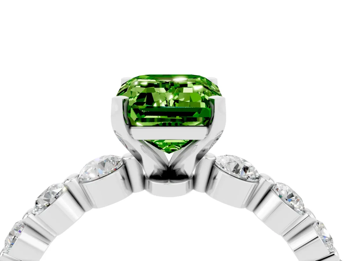 Emerald Cut Solitaire Peridot Ring with Pave Band and Four-Prong Setting Silver