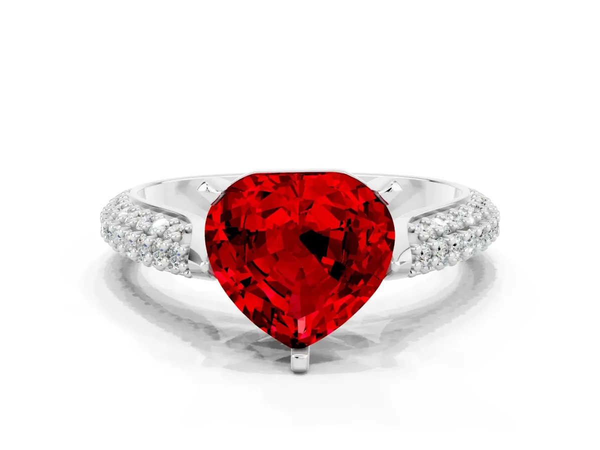 Heart Cut Ruby Solitaire Engagement Ring with Multi-Row Round Pavé Band and Prong Setting Platinum