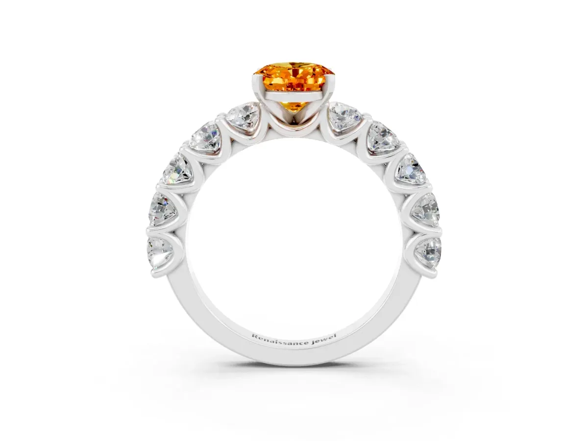 Oval Cut Citrine Prong Setting with Side Stones on a Pave Band Silver