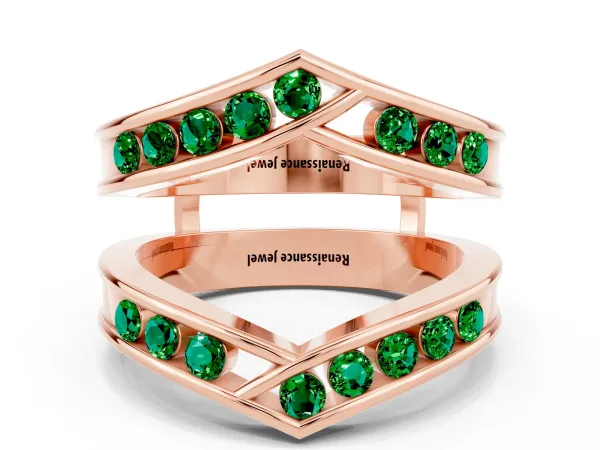 Round Emerald Channel-Set Chevron Band Rose gold