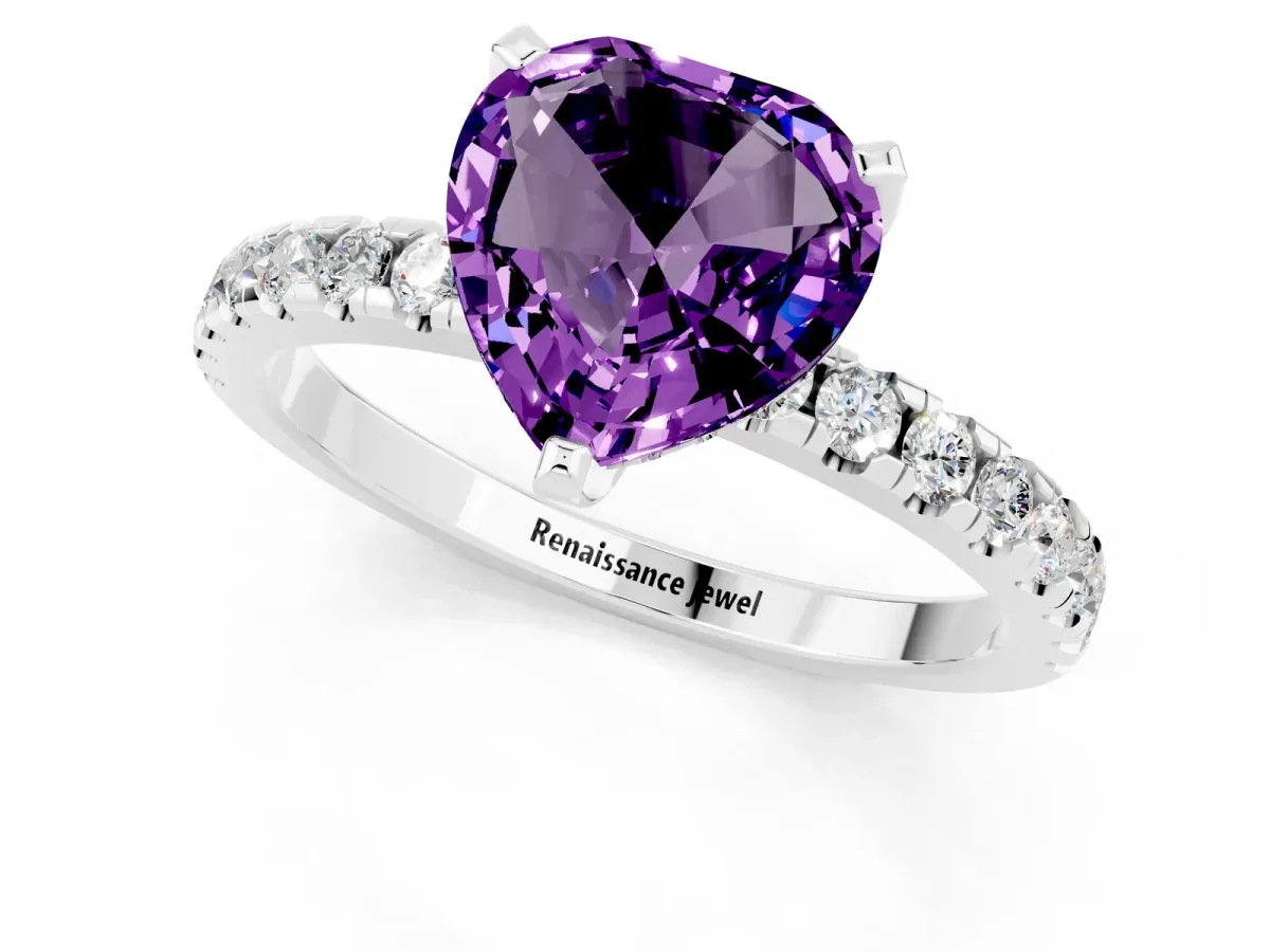 Heart Cut Amethyst Solitaire Ring with Round Pavé Band and Four-Prong Setting Silver