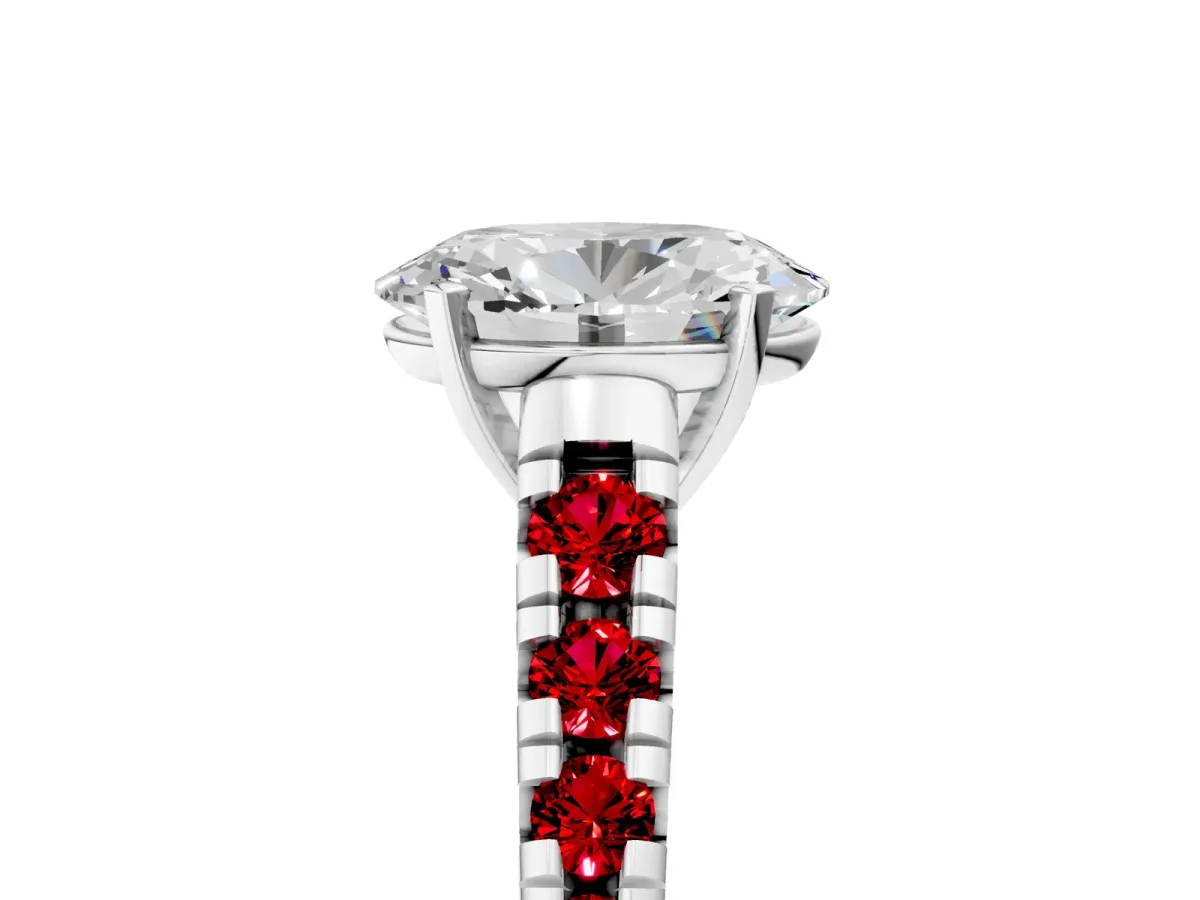 Oval Cut Diamond Cathedral Solitaire Ring with Round Ruby Pavé Band Silver