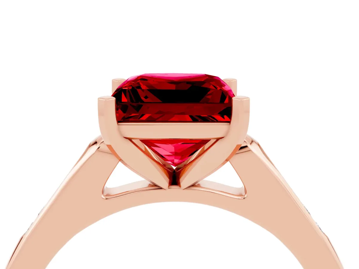 Princess Cut Ruby Solitaire Ring with Channel Set Round Band and Prong Setting Rose gold