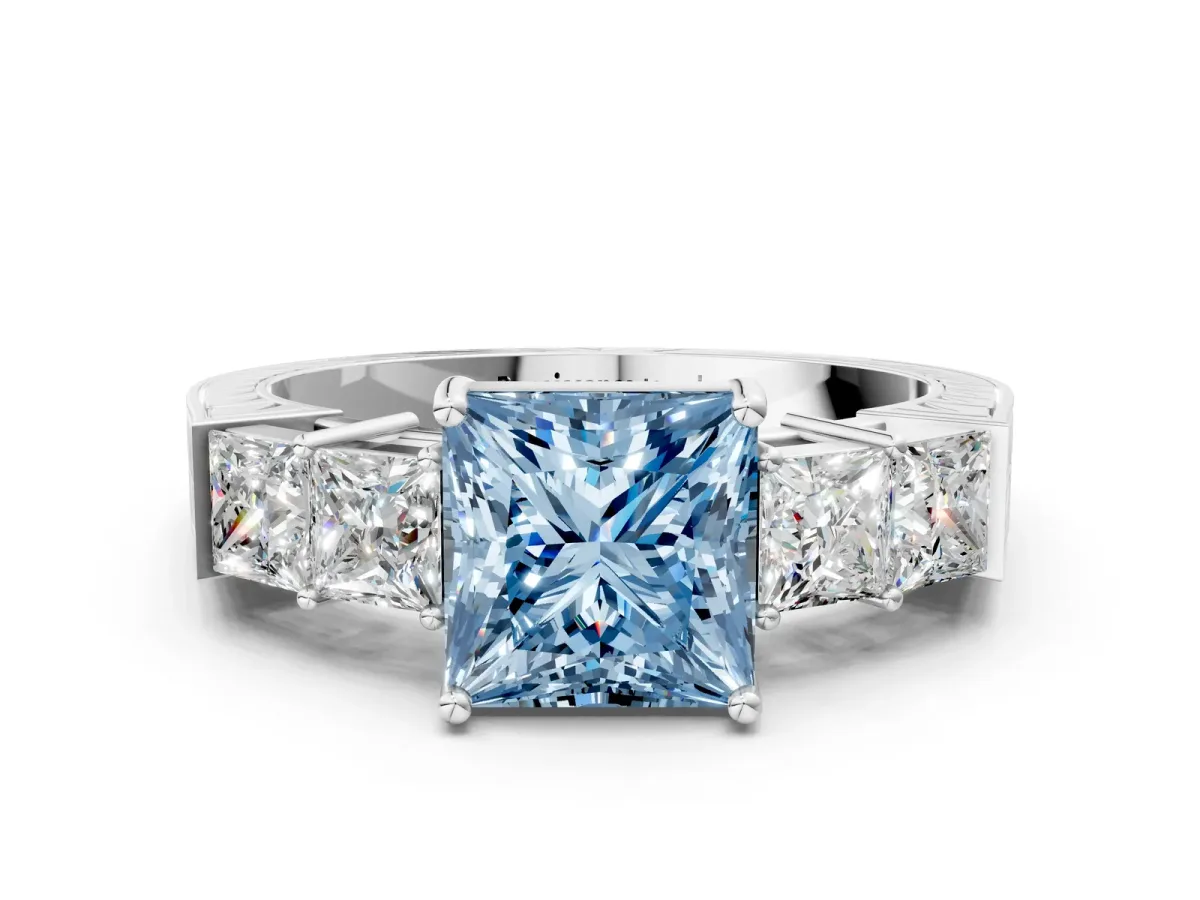 Fancy Blue Princess Cut Solitaire Princess Side Stone Engraved Band Prong Setting Ring Platinum