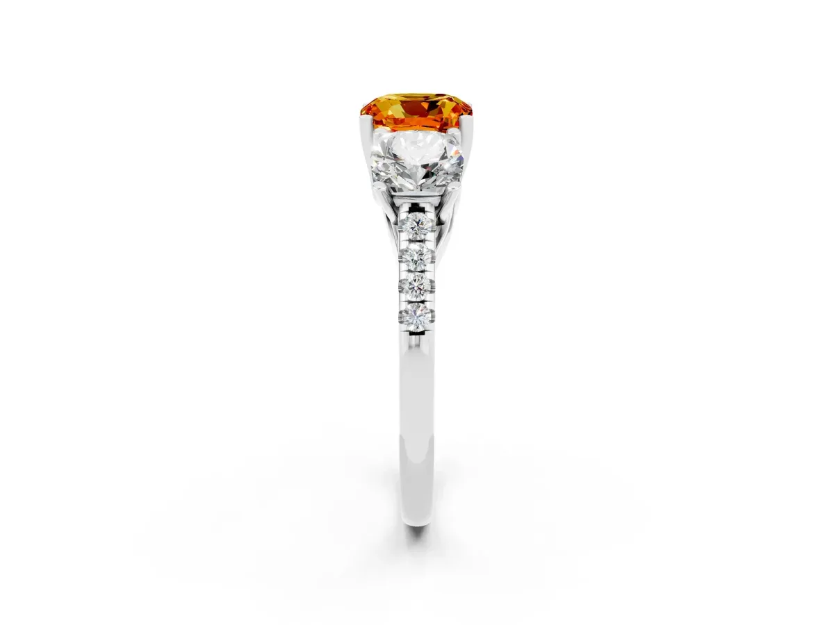 Three-Stone Cushion Cut Citrine Ring with Round Pavé Band and Prong Setting Platinum