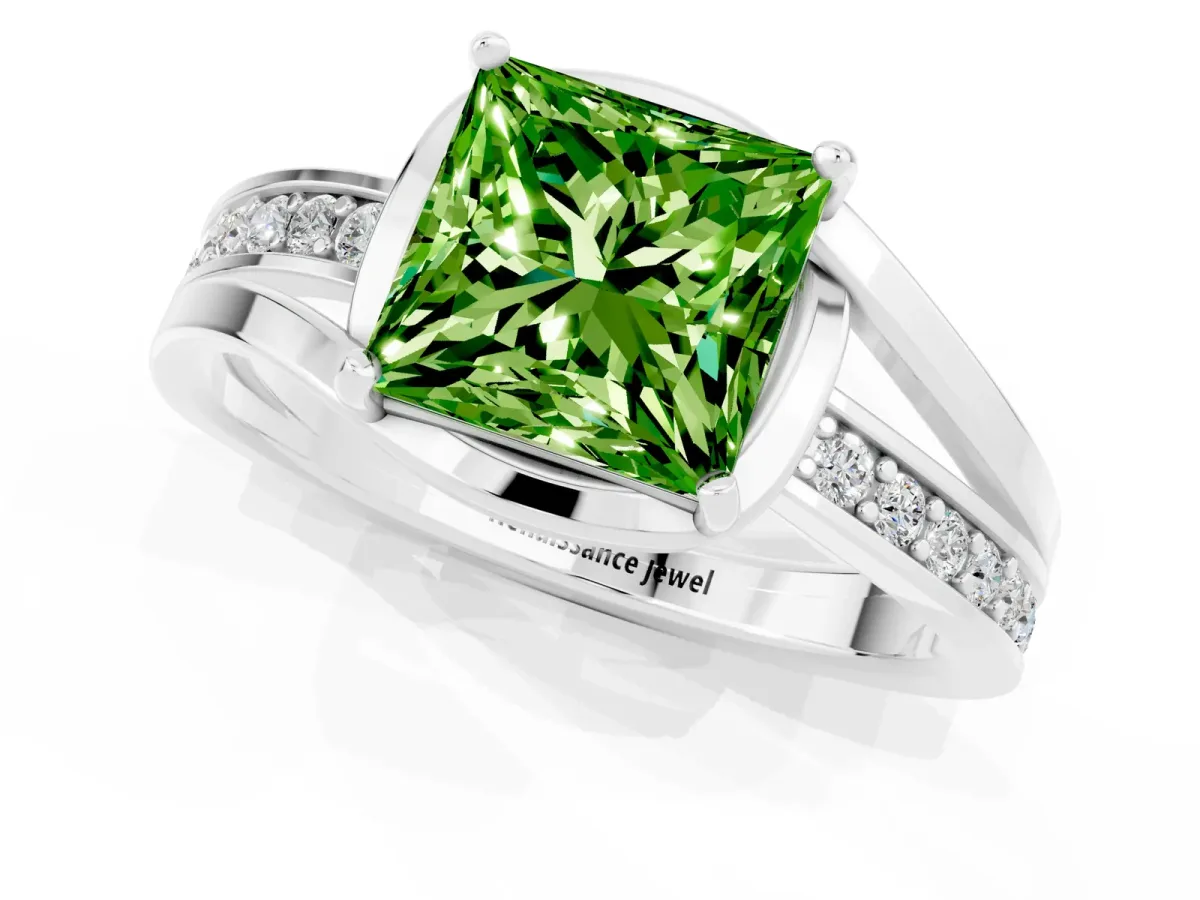 Princess Cut Peridot Solitaire Ring with Split Shank and Prong Setting Platinum