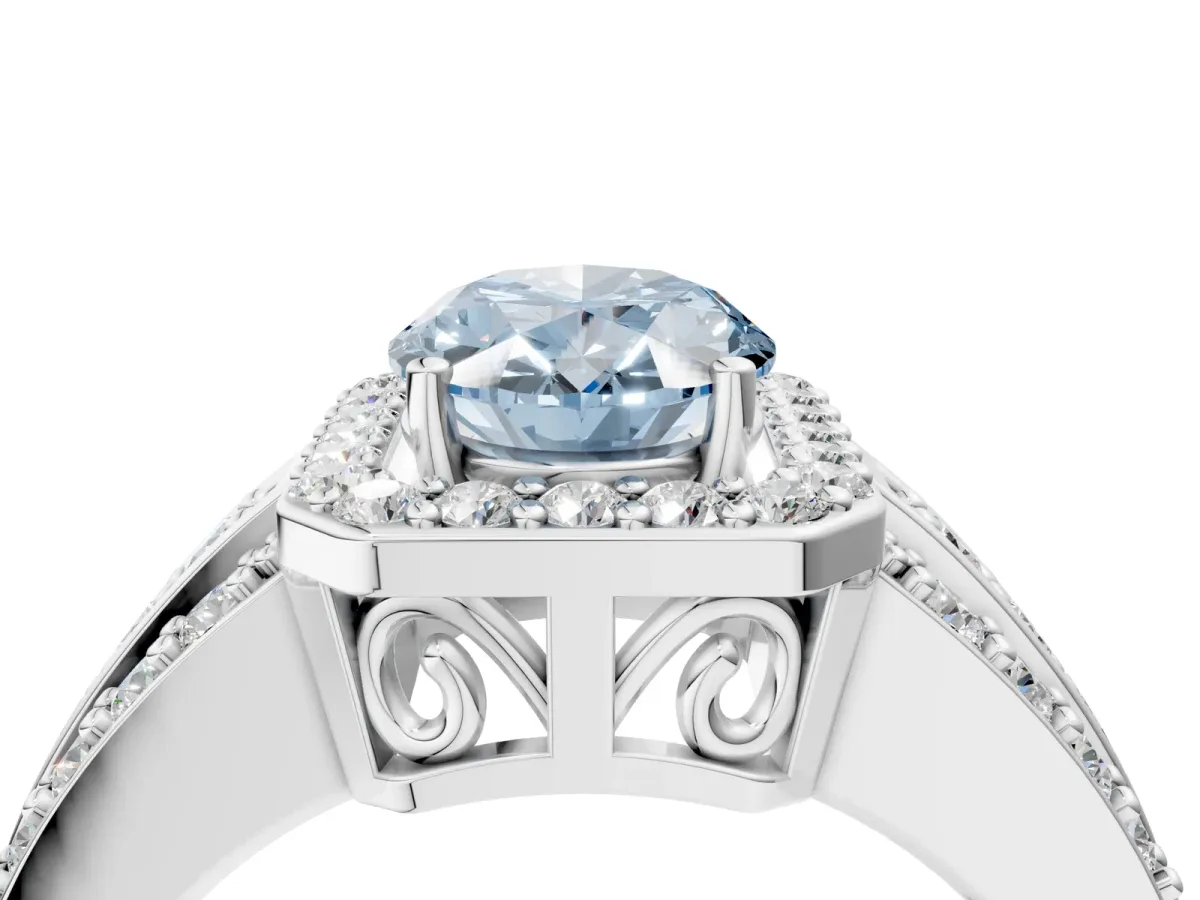 Fancy Blue Oval Cut Halo Diamond Ring with Round Split Shank and Prong Setting Silver