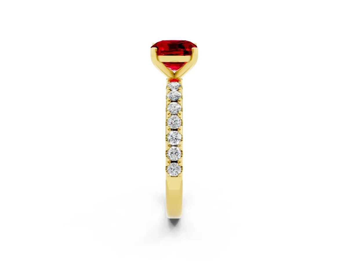 Cushion Cut Ruby Solitaire Pavé Band with Four-Prong Setting Yellow gold