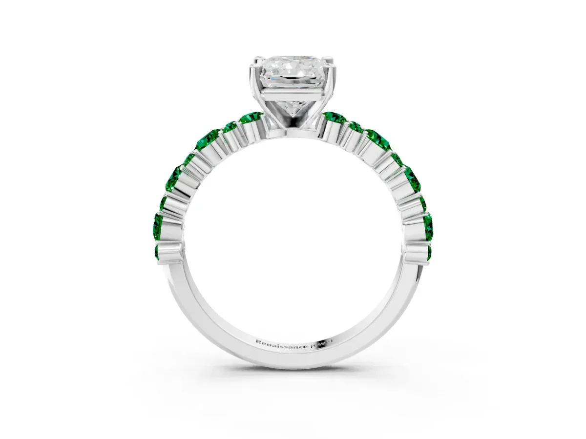 Radiant Cut Diamond Side Stone Solitaire Ring with Round Emerald and Four-Prong Setting Platinum