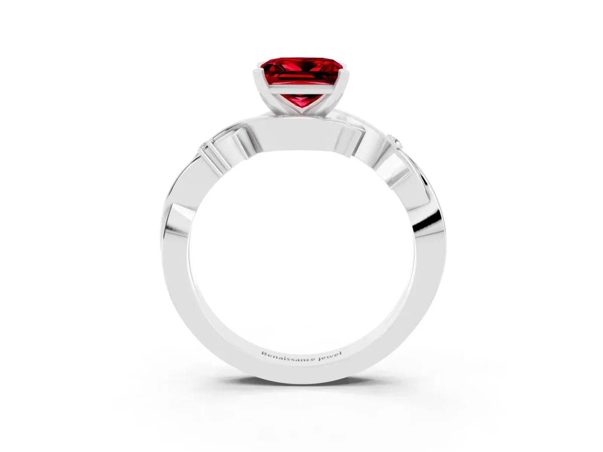 Princess Cut Ruby Solitaire Ring with Twisted Band and Prong Setting White gold