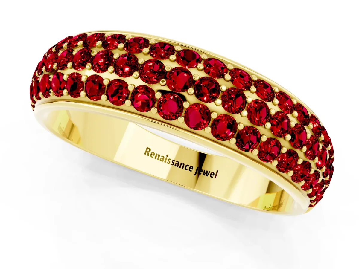 Three-Row Round Ruby Eternity Band with Shared Prong Setting Yellow gold