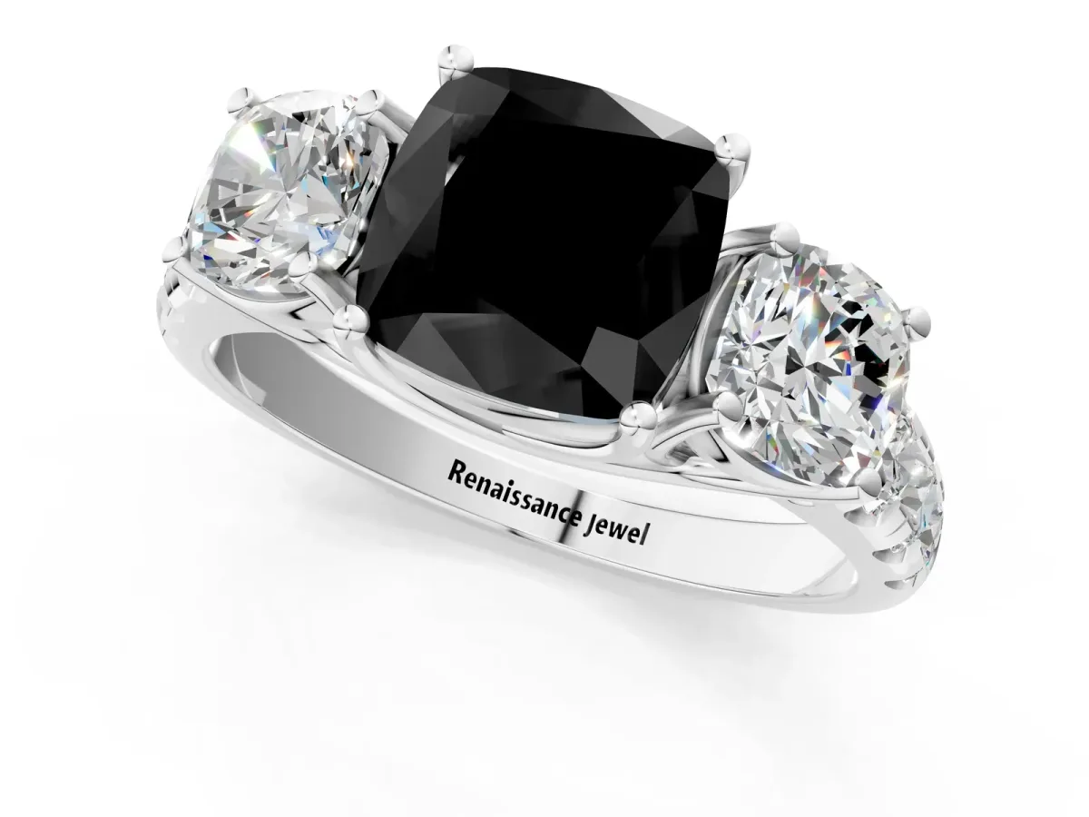 Fancy Black Three-Stone Cushion Cut Diamond Pavé Band with Prong Setting Platinum