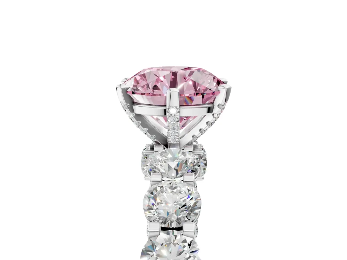 Fancy Pink Round Cut Diamond Side Stone Engagement Ring with Four-Prong Setting Silver