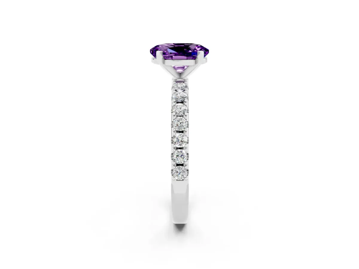 Oval Cut Amethyst Solitaire Pavé Band with Four-Prong Setting White gold