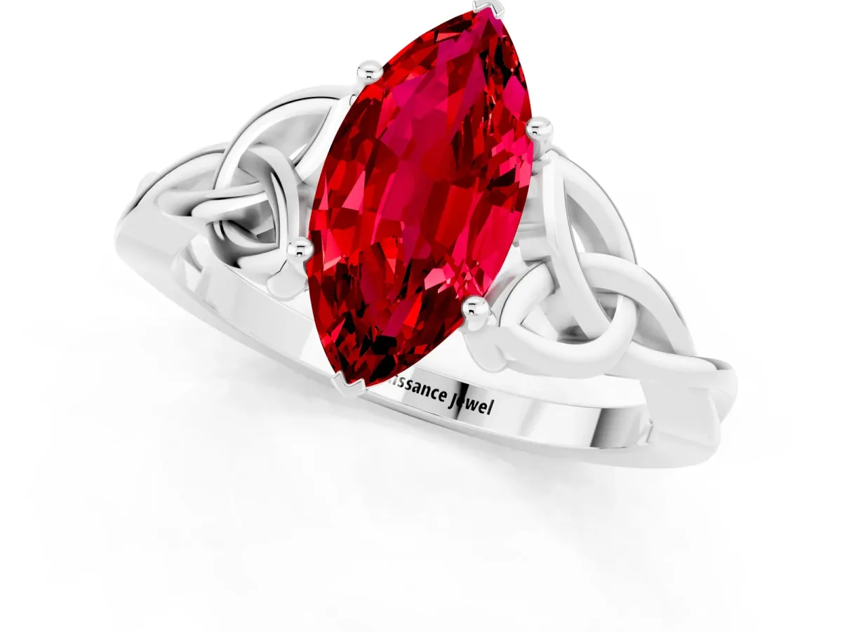 Marquise Cut Ruby Solitaire Celtic Knot Ring with Four-Prong Setting White gold