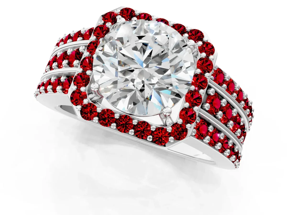 Round Cut Halo Diamond Ring with Round Tanzanite Split Shank and Prong Setting Platinum