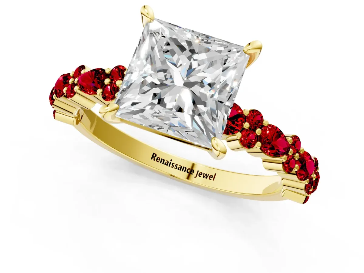 Princess Cut Diamond Side Stone Solitaire Ring with Round Ruby and Four-Prong Setting Yellow gold
