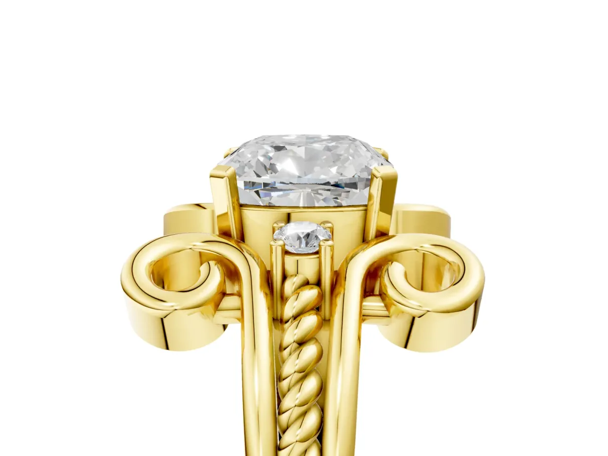 Cushion Cut Solitaire Twisted Band Scroll Prong Ring Yellow gold