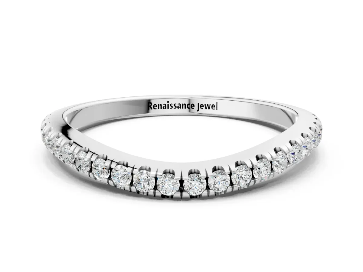 Round Diamond Pavé Set Curved White Gold Band Silver