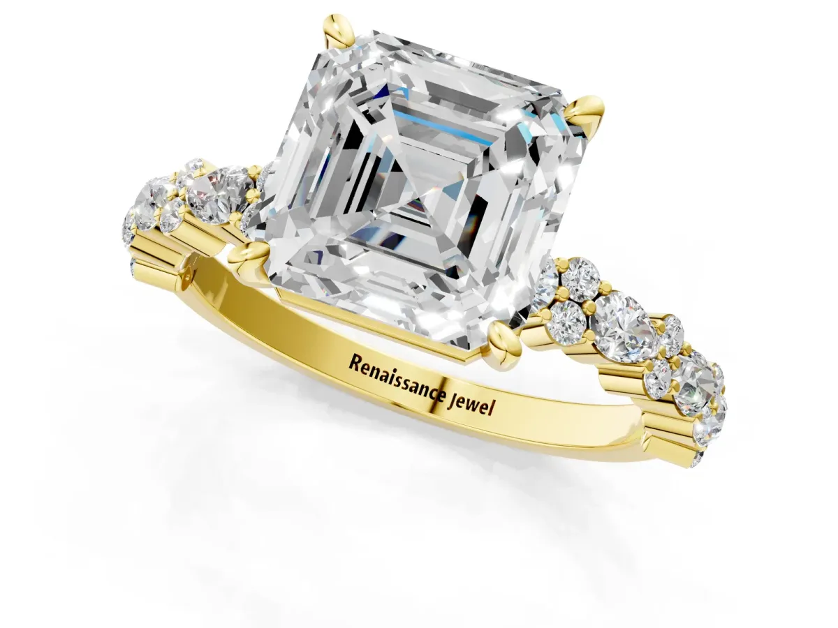 Asscher Cut Diamond Side Stone Solitaire Ring with Round and Four-Prong Setting Yellow gold
