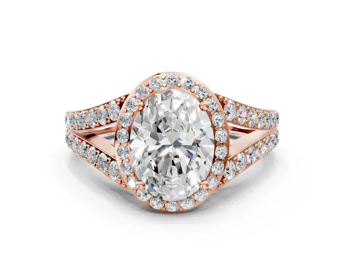 Oval Cut Diamond Split Shank Halo Ring with Four-Prong Setting Rose gold