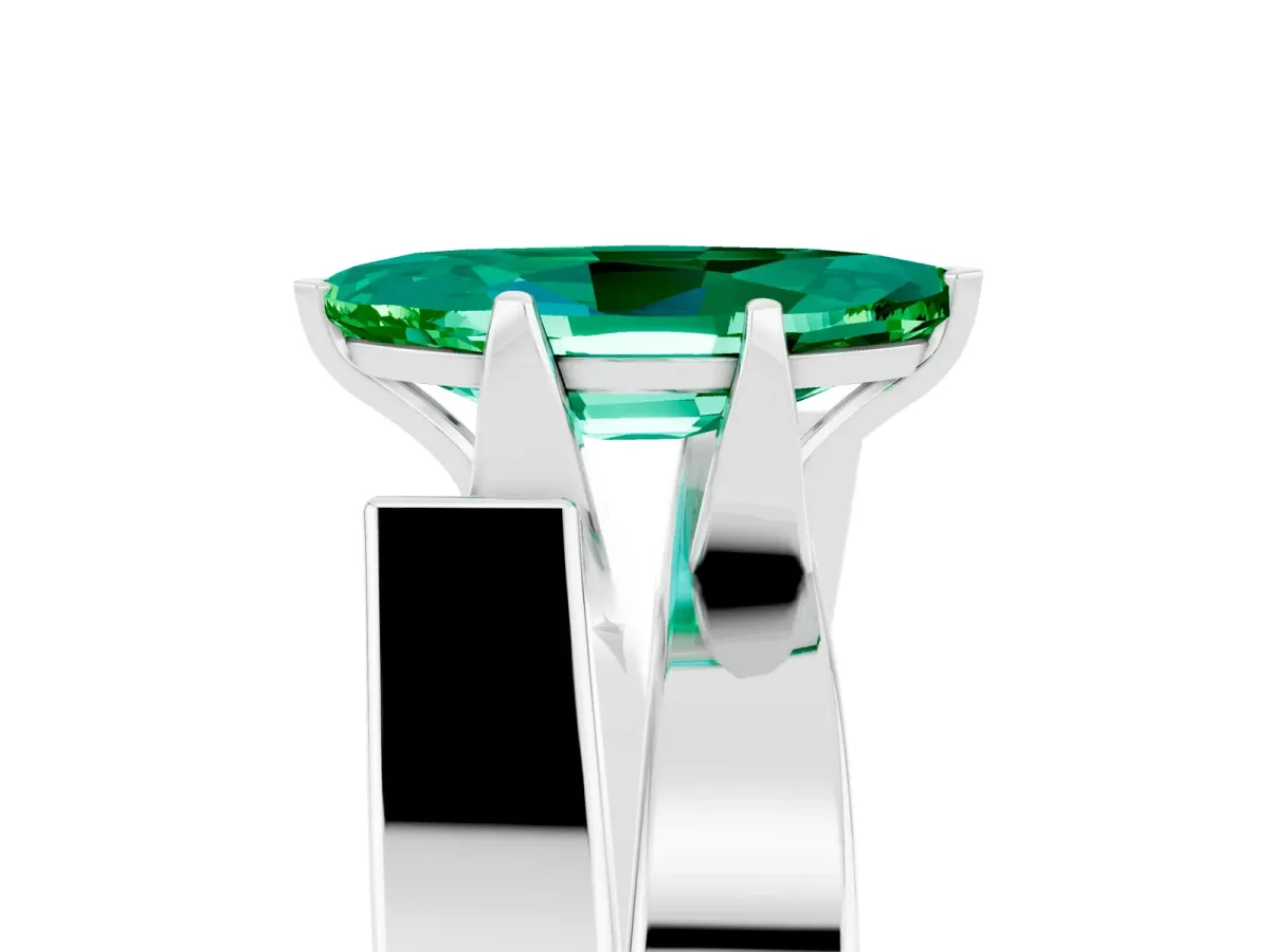 Modern Tension Set Marquise Cut Emerald Solitaire Wide Band Ring Silver