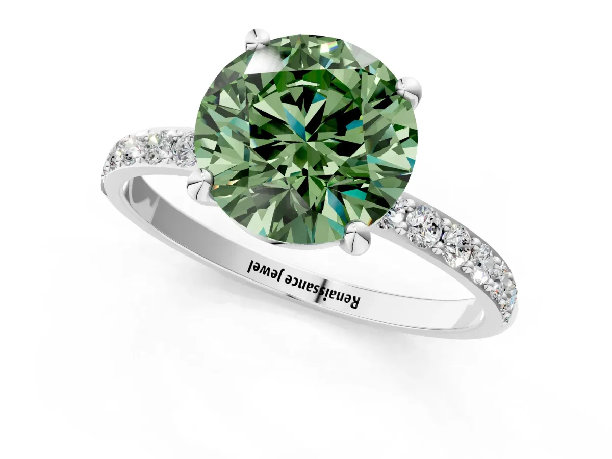 Fancy Green Round Cut Diamond Solitaire Ring with Round Pavé Band and Prong Setting Silver