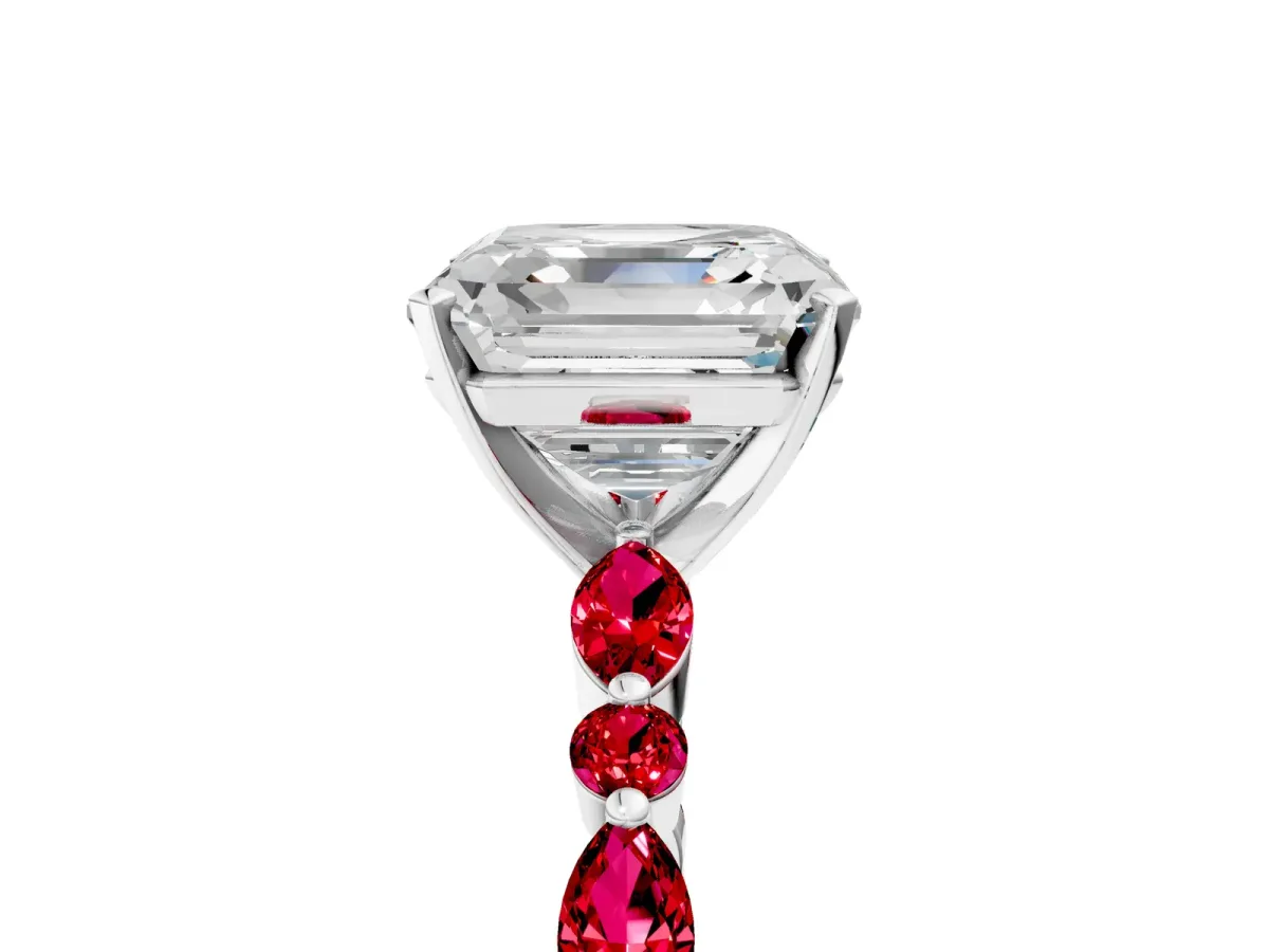 Asscher Cut Diamond Ring with Marquise and Round Ruby Side Stones and Four-Prong Setting White gold