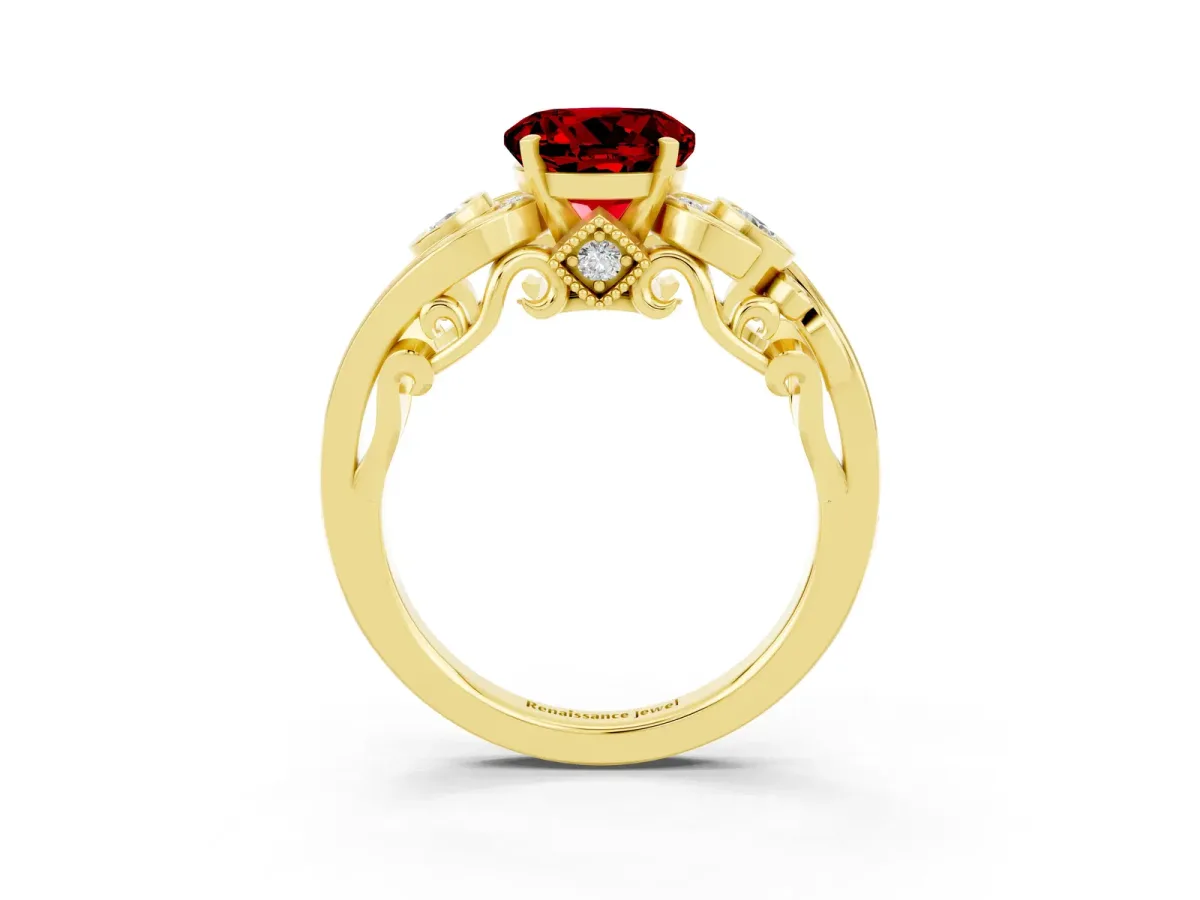 Round Cut Ruby Solitaire Ring with Milgrain Pavé Band and Four-Prong Setting Yellow gold
