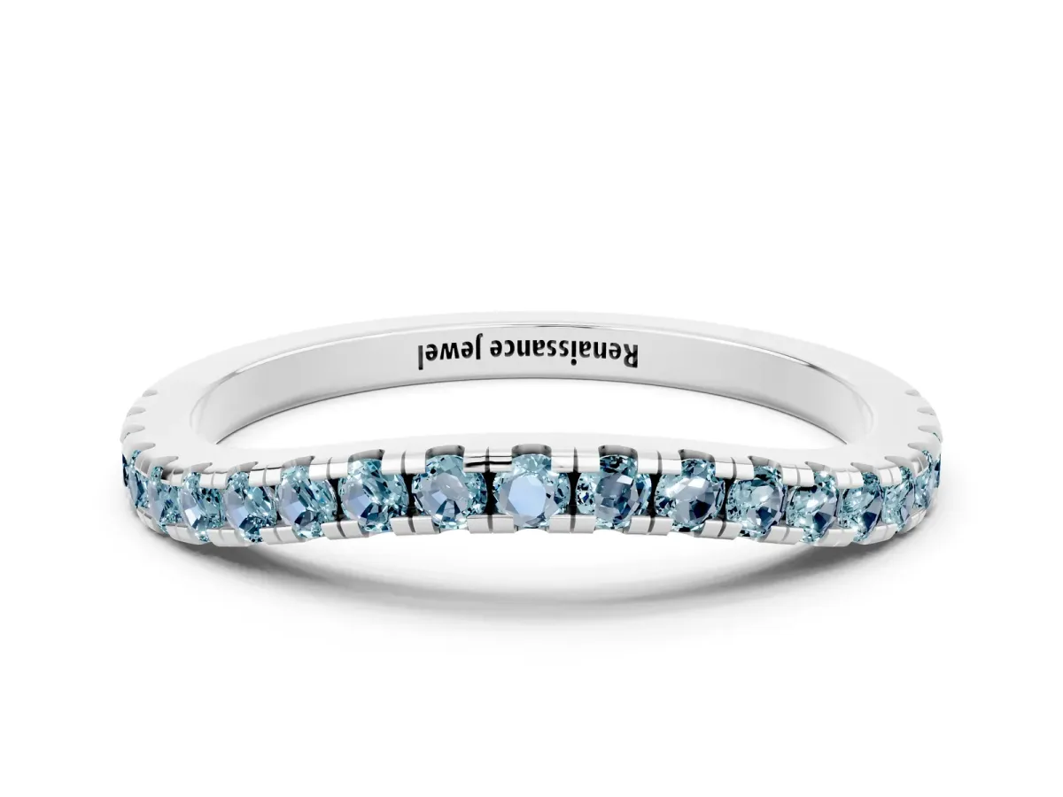 Round Aquamarine Pavé Half Eternity Band with Shared Prong Setting Silver