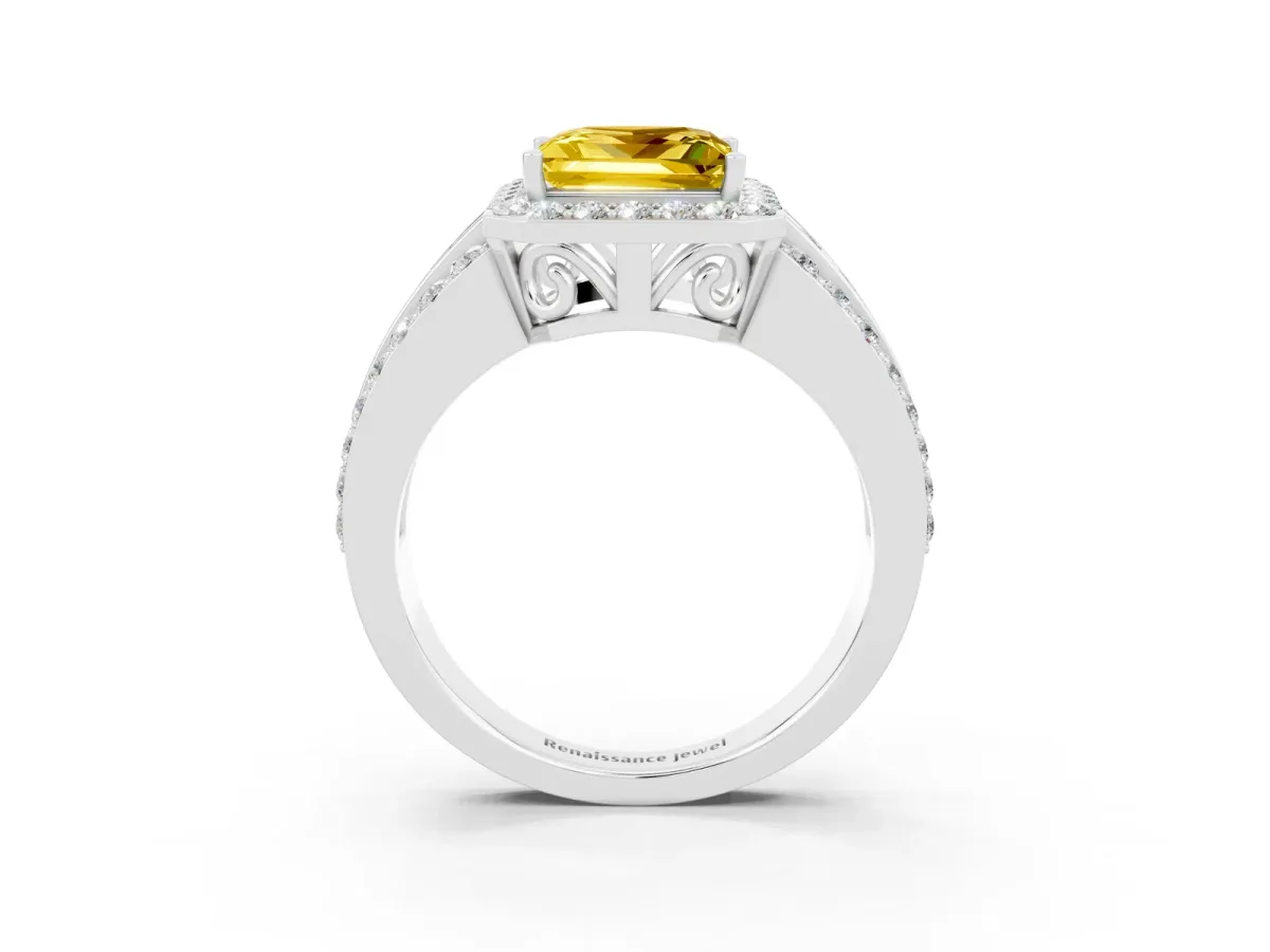 Princess Cut Halo Yellow Sapphire Ring with Round Split Shank and Prong Setting Silver