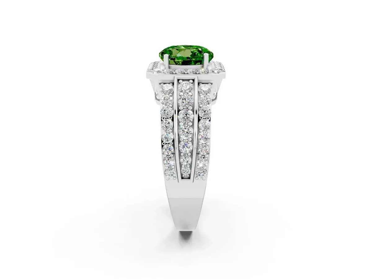 Round Cut Halo Peridot Ring with Round Split Shank and Prong Setting White gold
