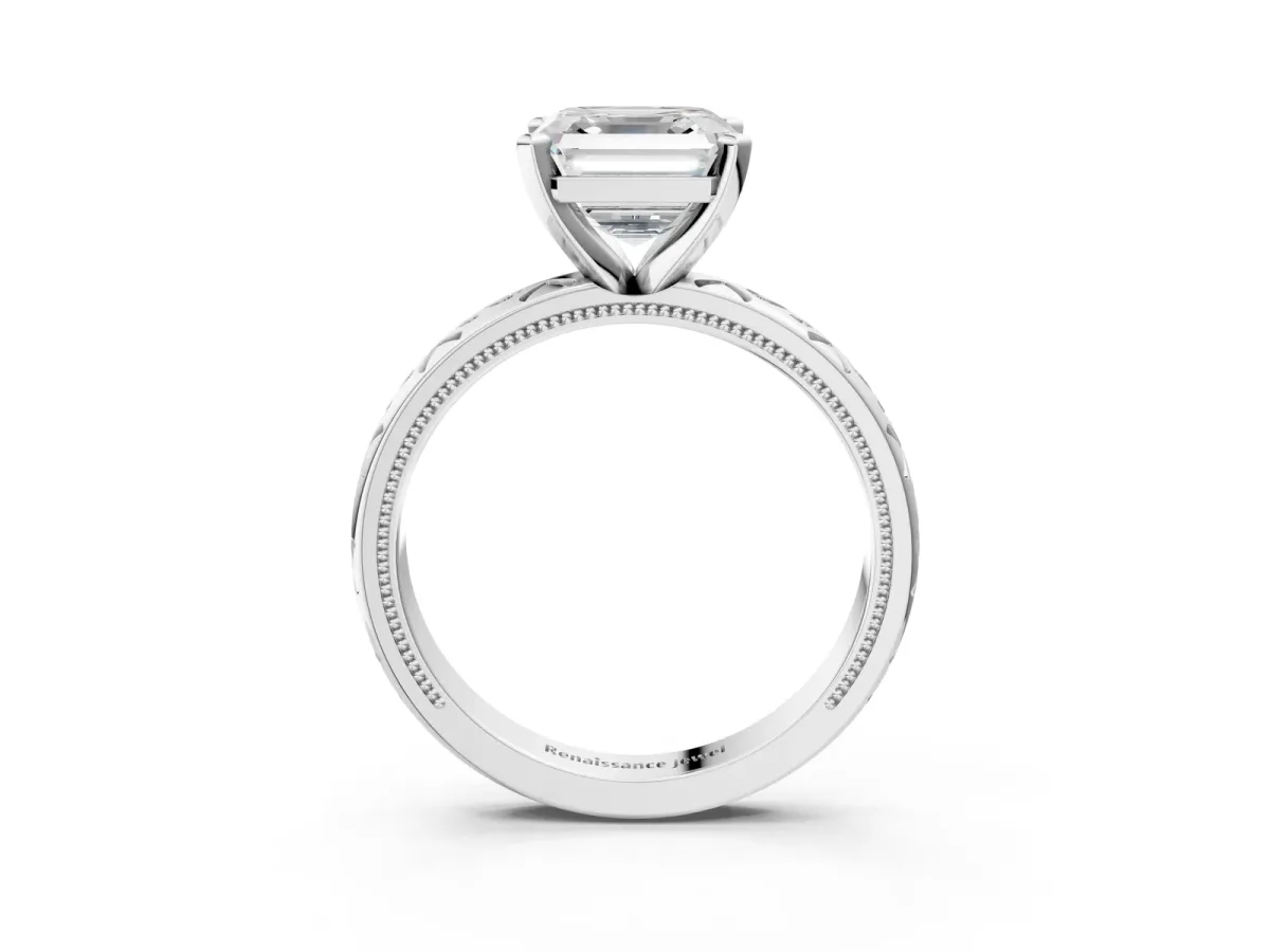 Asscher Cut Solitaire Engagement Ring with Scrollwork Band and Four-Prong Setting Platinum