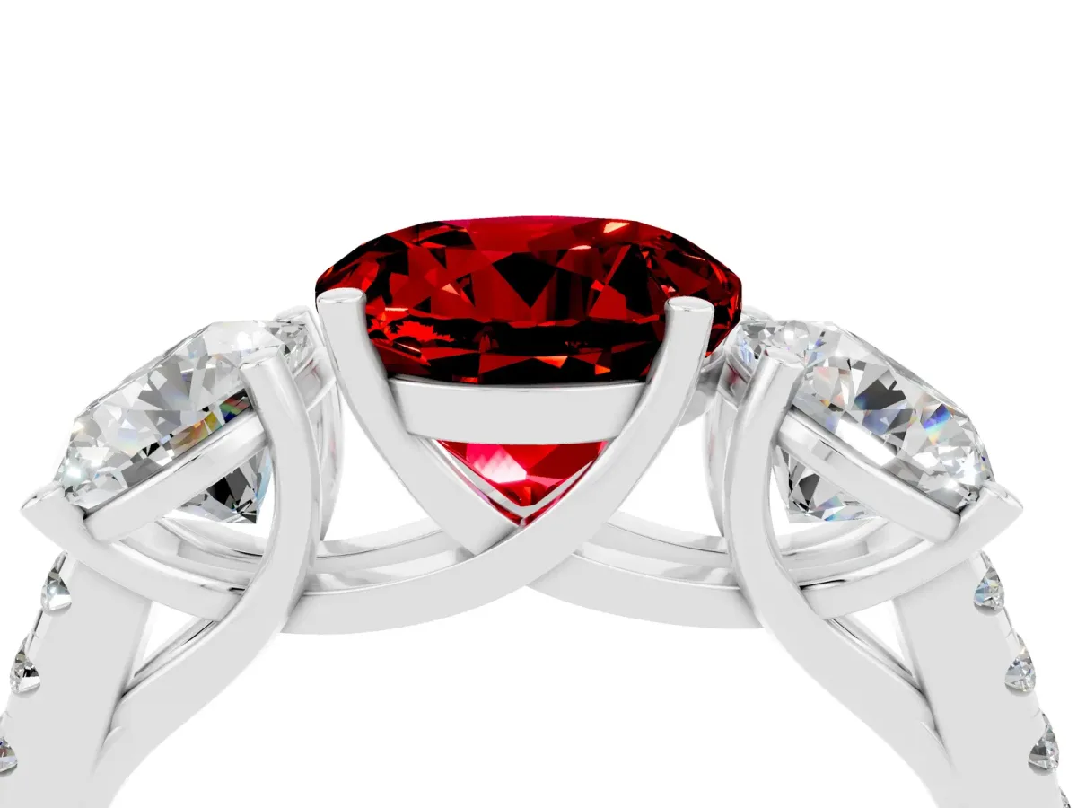 Three-Stone Round Cut Ruby Ring with Round Pavé Band and Prong Setting White gold