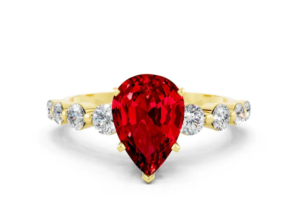 Pear Cut Solitaire Ruby Ring with Pave Band and Four-Prong Setting Yellow gold