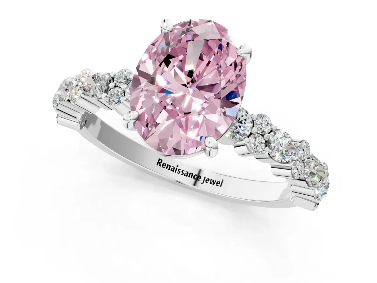 Fancy Pink Oval Cut Diamond Side Stone Solitaire Ring with Round and Four-Prong Setting White gold