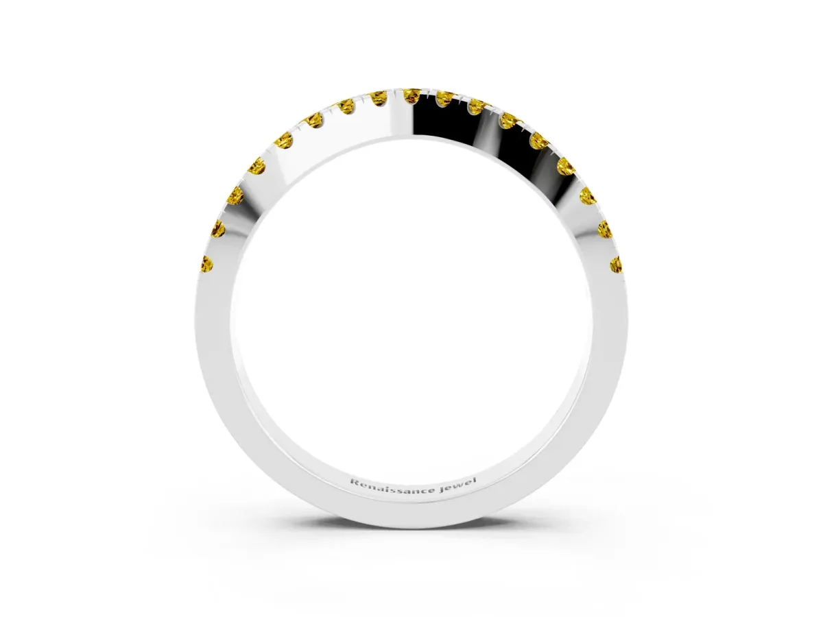 Round Yellow Sapphire Pavé Curved Band with Shared Prong Setting White gold