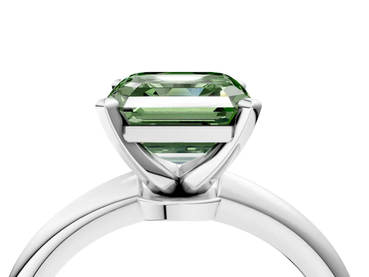 Fancy Green Asscher Cut Diamond Solitaire Ring with Six-Prong Setting and Classic Band Silver