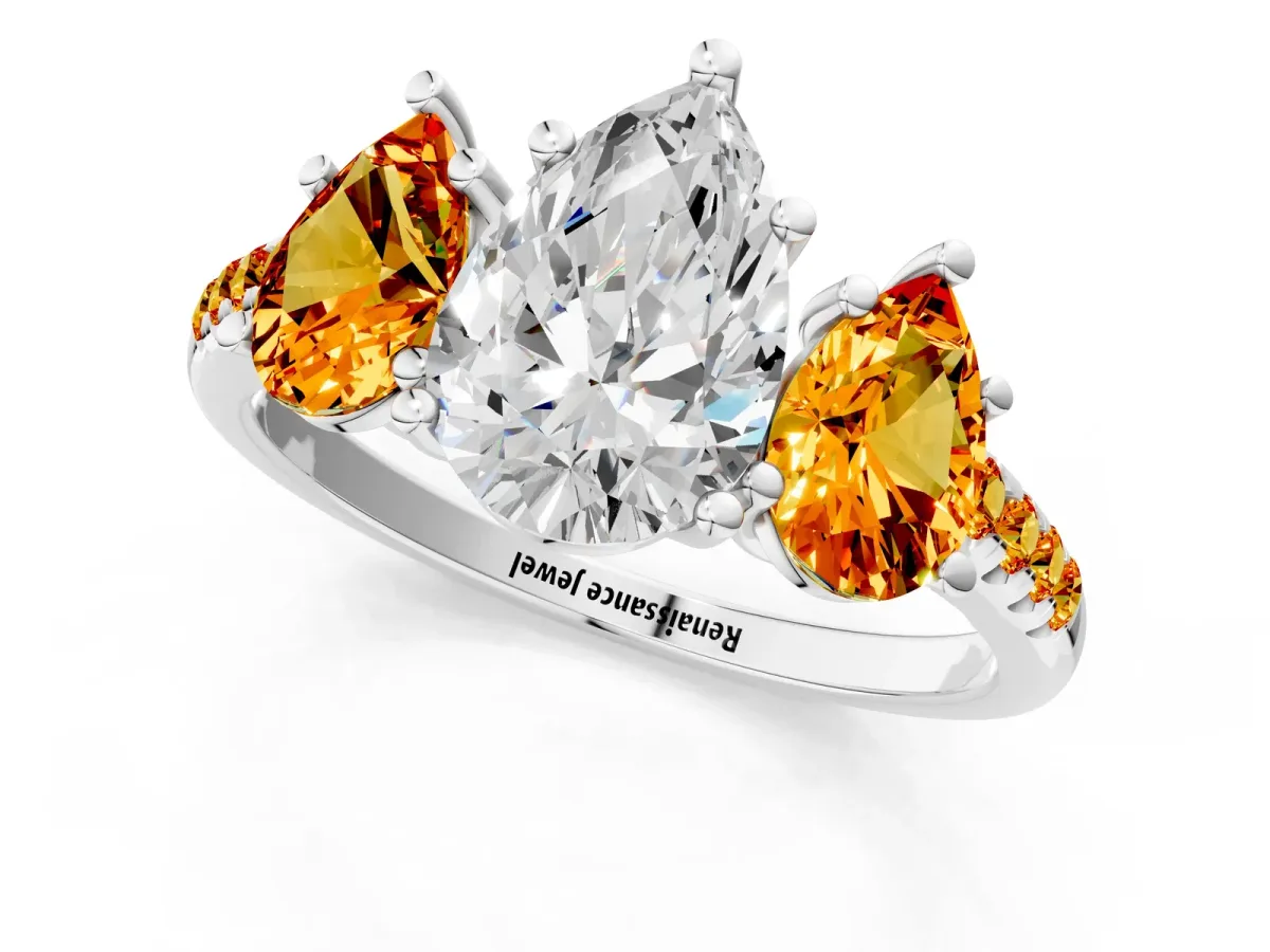 Three-Stone Pear Cut Diamond Ring with Round Citrine Pavé Band and Prong Setting Platinum