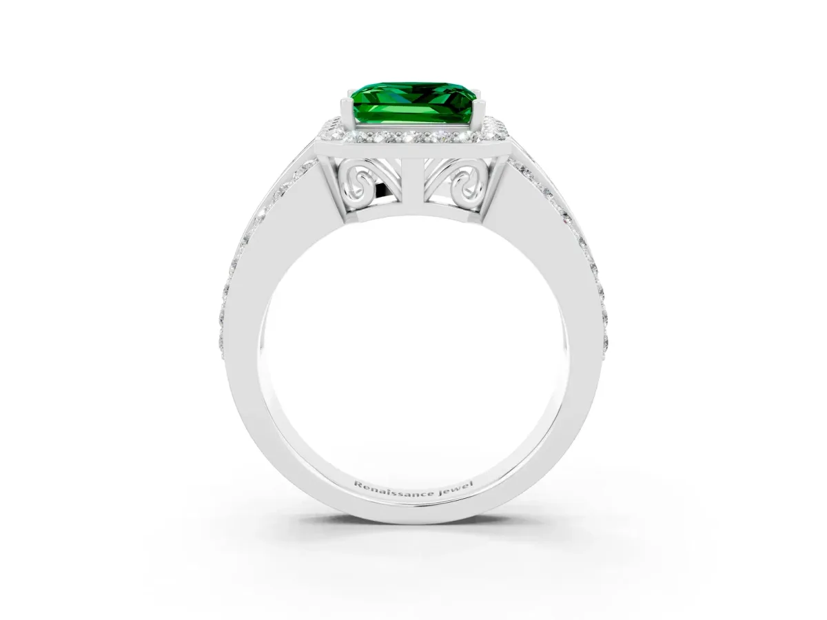 Princess Cut Halo Emerald Ring with Round Split Shank and Prong Setting Platinum
