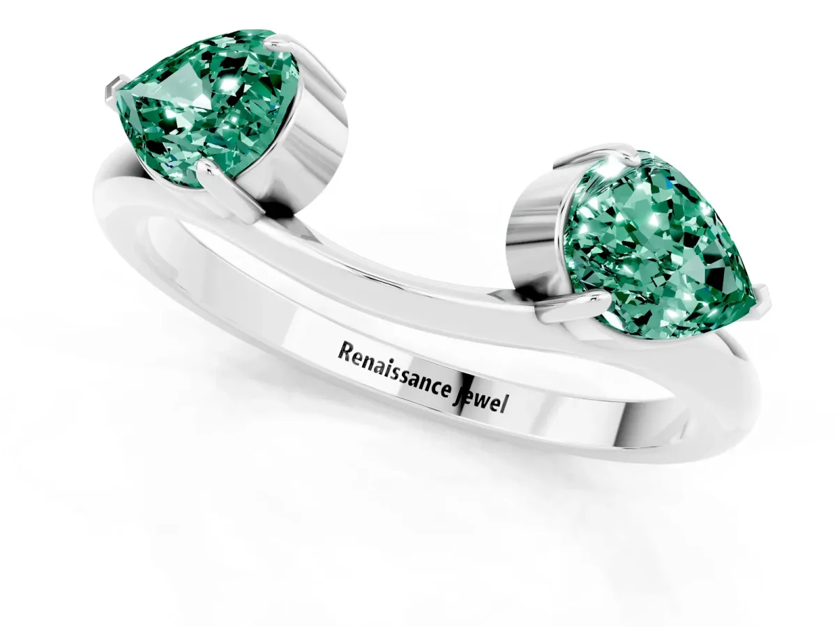 Two-Stone Pear Green Sapphire Bypass Ring with Prong Setting Platinum
