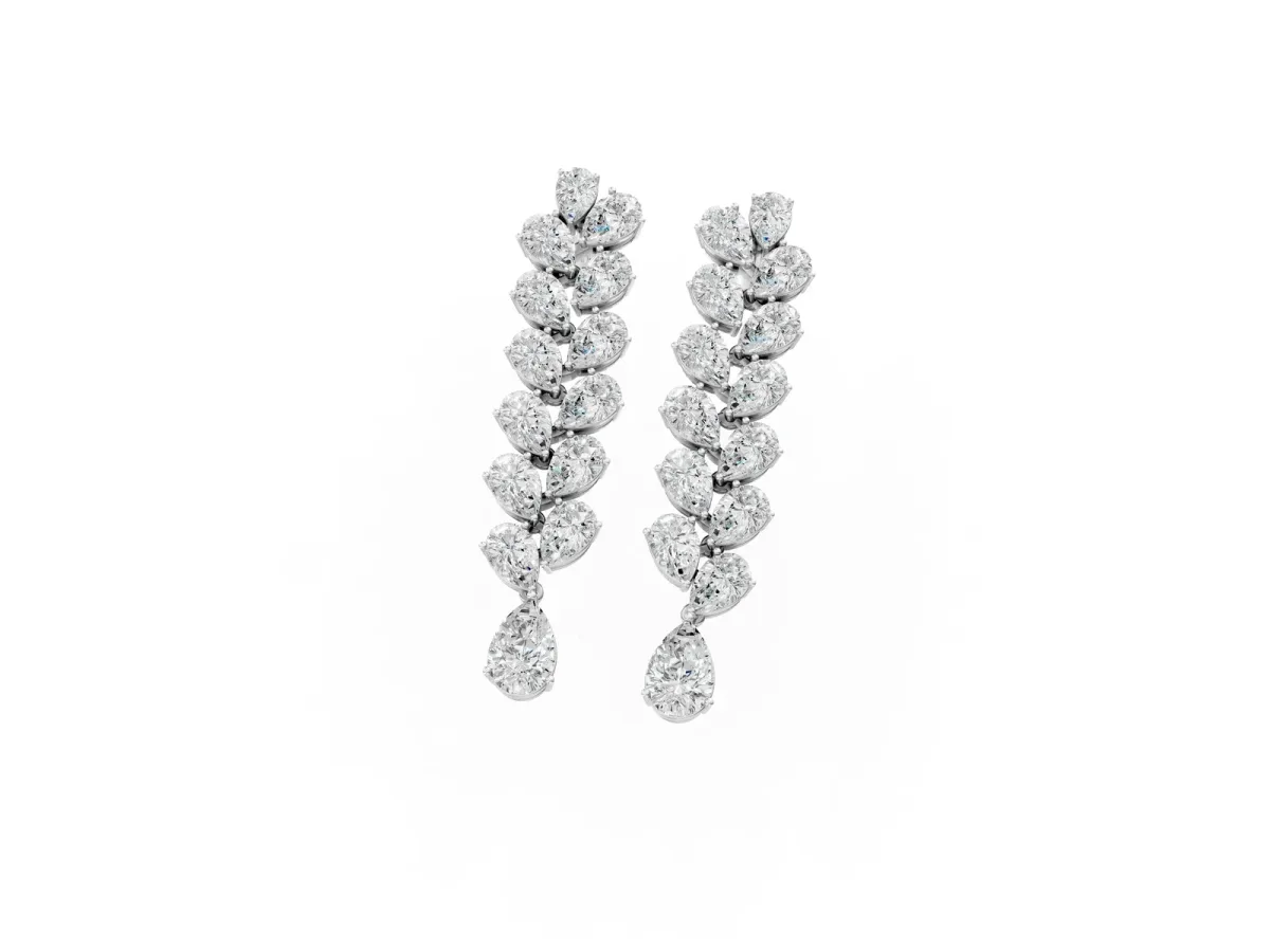 Pear Diamond Cascading Leaf Drop Earrings White gold