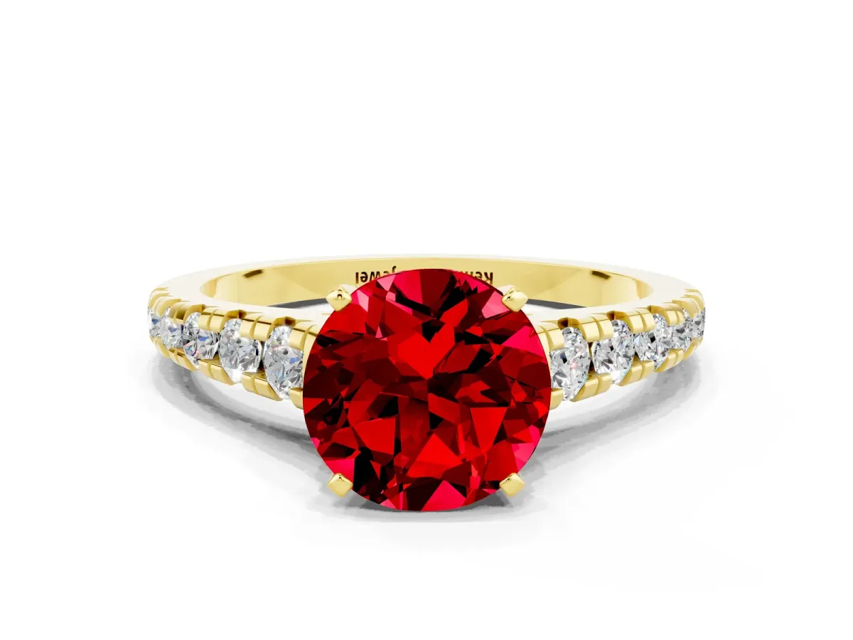 Round Cut Ruby Cathedral Solitaire Ring with Round Pavé Band Yellow gold